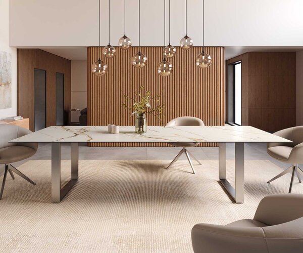 DELIFE Jídelní stůl Edge 300x100 keramika Calacatta Luxe bílá-zlatá-šedá nerezová ocel úzký