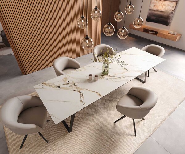 DELIFE Jídelní stůl Edge 300x100 keramika Calacatta Luxe bílá zlatá šedá kov šikmý černá