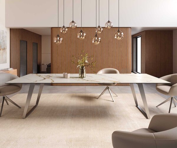 DELIFE Jídelní stůl Edge 300x100 keramika Calacatta Luxe bílá zlatá šedá kov šikmý černá