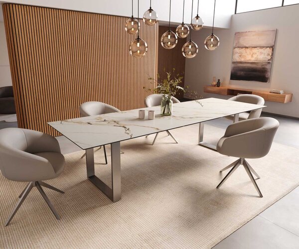 DELIFE Jídelní stůl Edge 300x100 keramika Calacatta Luxe bílá-zlatá-šedá nerezová ocel úzký