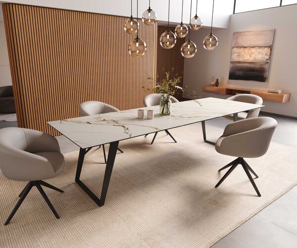 DELIFE Jídelní stůl Edge 300x100 keramika Calacatta Luxe bílá zlatá šedá kov šikmý černá