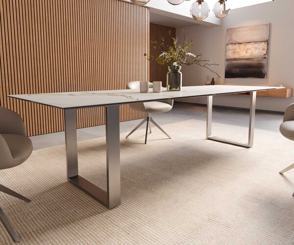DELIFE Jídelní stůl Edge 300x100 keramika Calacatta Luxe bílá-zlatá-šedá nerezová ocel úzký