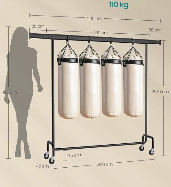 SONGMICS Pojízdný stojan na oblečení Fabio 160-200 cm černý