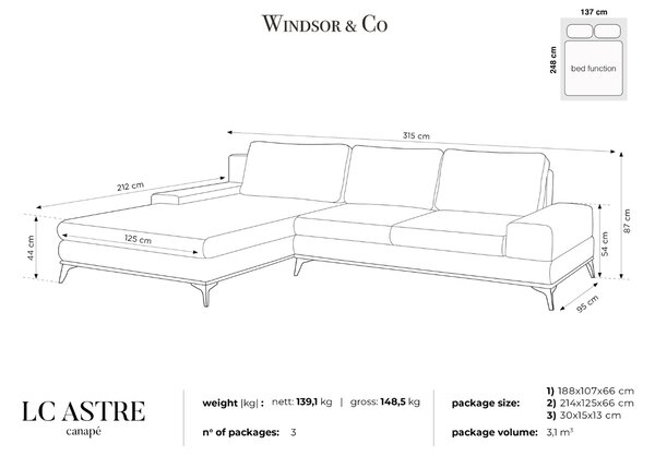 -25 % Dny MOMENTI– Windsor & Co Sametová rozkládací pohovka Astre 315 cm, pravá
