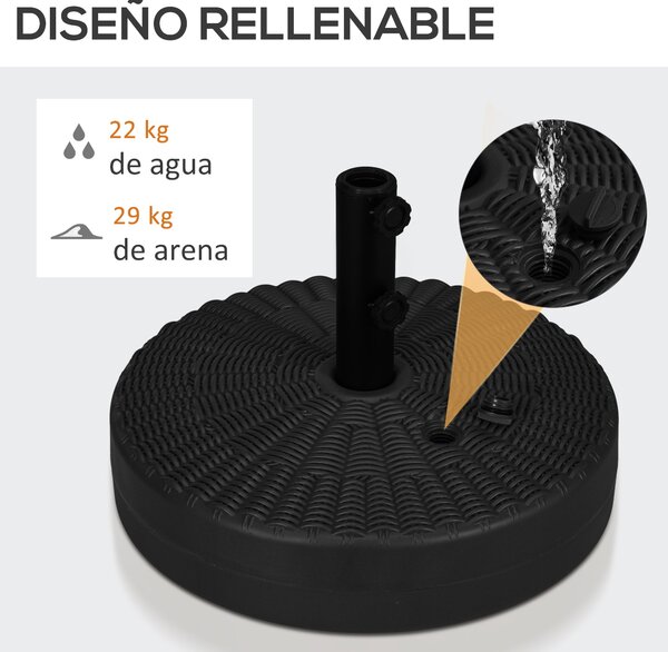 Podstavec pro slunečník Outsunny kulatý pro tyče Ø38/48 mm plnitelný 22 kg vody a 29 kg písku s ratanovým designem Ø51x36 cm Černý | Aosom