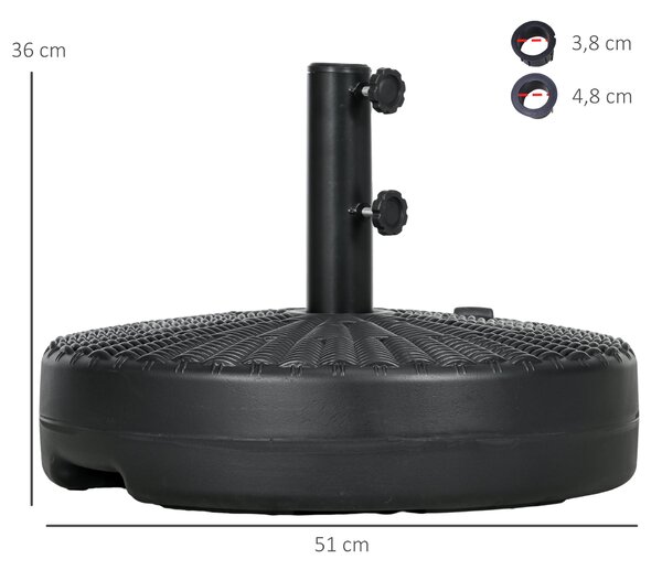 Podstavec pro slunečník Outsunny kulatý pro tyče Ø38/48 mm plnitelný 22 kg vody a 29 kg písku s ratanovým designem Ø51x36 cm Černý | Aosom
