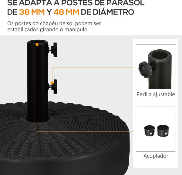 Podstavec pro slunečník Outsunny kulatý pro tyče Ø38/48 mm plnitelný 22 kg vody a 29 kg písku s ratanovým designem Ø51x36 cm Černý | Aosom