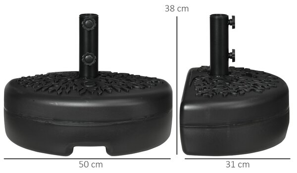 Stojan na slunečník Outsunny pro stěnu Ø38/48 mm polokruhový plnitelný se 21 kg vody nebo 18 kg písku pro zahradu, terasu, venkovní použití, 50x31x38