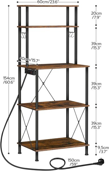 Kuchyňský regál Vasagle Filo 60 cm s vestavěnými zásuvkami černý/hnědý