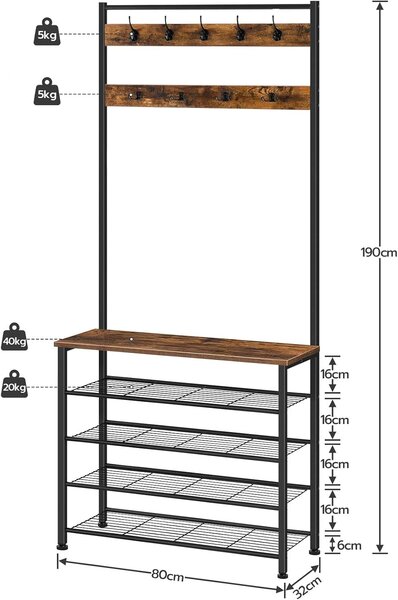 Předsíňový věšák s botníkem Vasagle Mjora 80 cm černý/hnědý