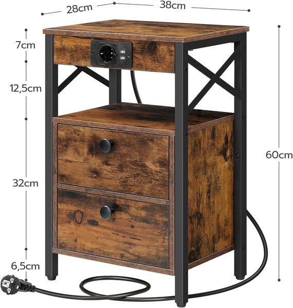 Noční stolek Vasagle Zrava s nabíjecí stanicí 60 cm hnědý/černý