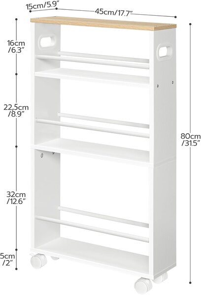 Úzký pojízdný kuchyňský regál Vasagle Tonari 45 cm bílý/hnědý