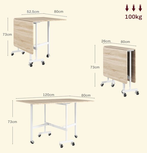 Skládací jídelní stůl HOMCOM pro 4-6 osob – Skládací kuchyňský stůl s kolečky a sklápěcími listy, 120x80x73 cm, dub | Aosom