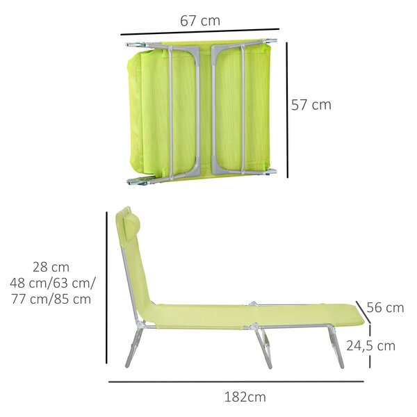 Skládací a polohovací zahradní lehátko Outsunny s podhlavníkem a nastavitelným opěradlem ve 5 úrovních, prodyšná textilní tkanina 182x56x28 cm Zelená