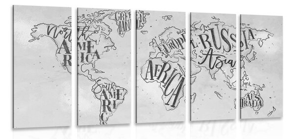 5-dílný obraz moderní mapa světa na vintage podkladu v černobílém provedení