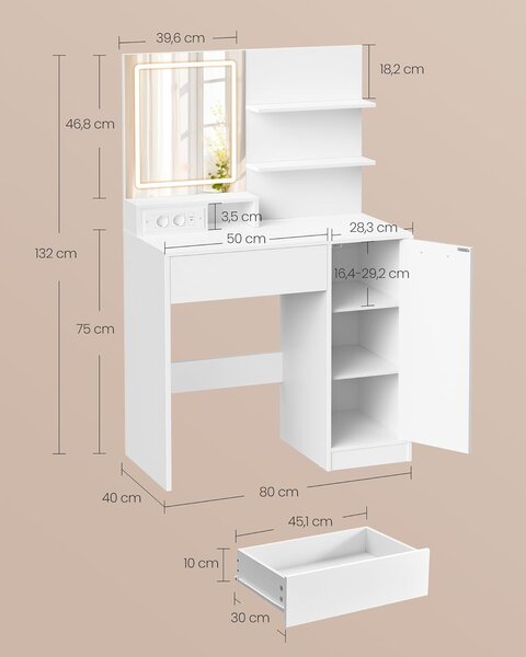 SONGMICS Toaletní stolek Vasagle Cimo se zrcadlem a LED osvětlením 80 cm bílý