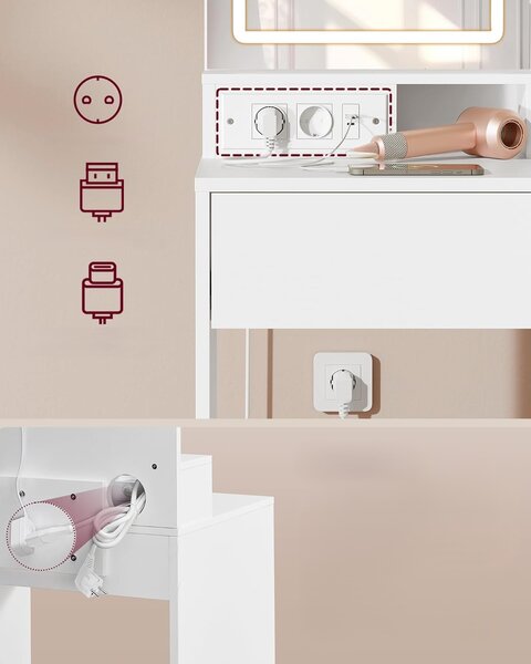 SONGMICS Toaletní stolek Vasagle Cimo se zrcadlem a LED osvětlením 80 cm bílý