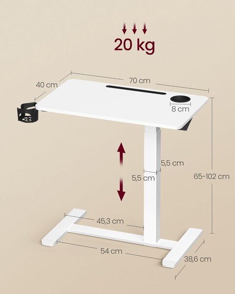 SONGMICS Výškově nastavitelný odkládací stolek Vasagle Elev 70 cm bílý