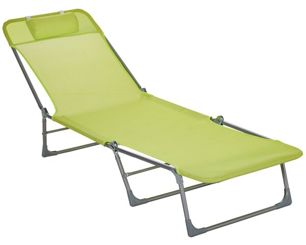 Skládací a polohovací zahradní lehátko Outsunny s podhlavníkem a nastavitelným opěradlem ve 5 úrovních, prodyšná textilní tkanina 182x56x28 cm Zelená