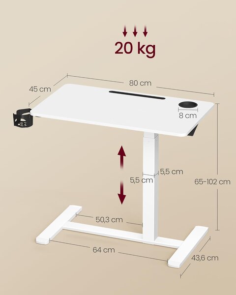 SONGMICS Výškově nastavitelný odkládací stolek Vasagle Elev 80 cm bílý