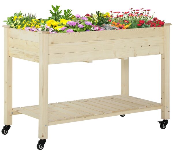 Outsunny Zvednutý městský zahradní stůl 118x55x83 cm Dřevěné zvýšené lůžko se policí Geotextilní látka Kola s brzdami Přenosné pro zahradničení na ter