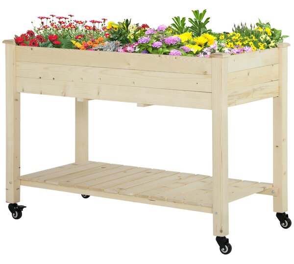 Outsunny Zvednutý městský zahradní stůl 118x55x83 cm Dřevěné zvýšené lůžko se policí Geotextilní látka Kola s brzdami Přenosné pro zahradničení na ter