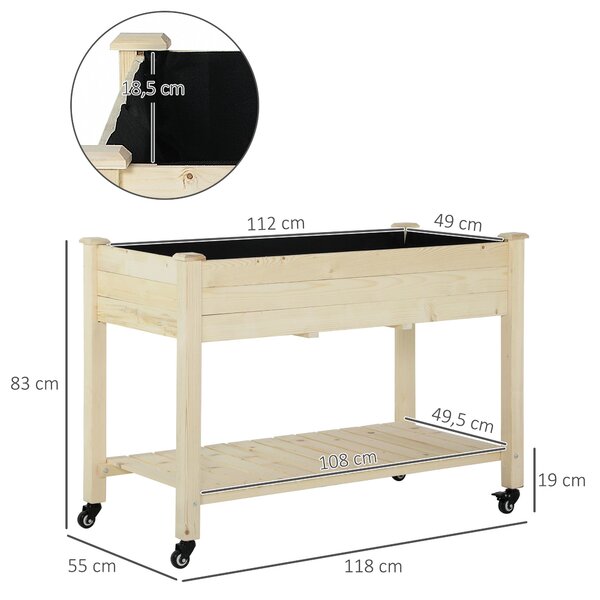 Outsunny Zvednutý městský zahradní stůl 118x55x83 cm Dřevěné zvýšené lůžko se policí Geotextilní látka Kola s brzdami Přenosné pro zahradničení na ter