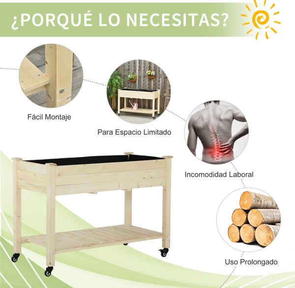 Outsunny Zvednutý městský zahradní stůl 118x55x83 cm Dřevěné zvýšené lůžko se policí Geotextilní látka Kola s brzdami Přenosné pro zahradničení na ter