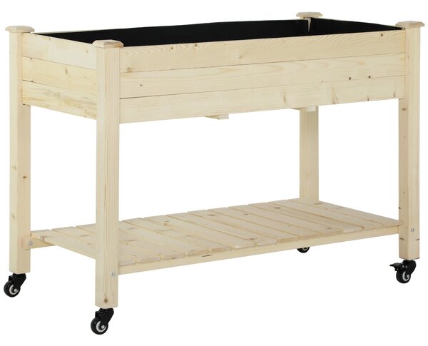 Outsunny Zvednutý městský zahradní stůl 118x55x83 cm Dřevěné zvýšené lůžko se policí Geotextilní látka Kola s brzdami Přenosné pro zahradničení na ter