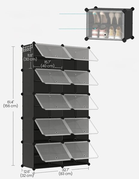 SONGMICS Modulární botník Lux s 10 dvířky čirý/černý