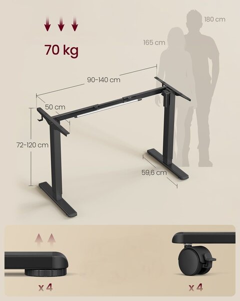 SONGMICS Nastavitelný elektrický rám pracovního stolu Vasagle Prom 90/140 cm černý