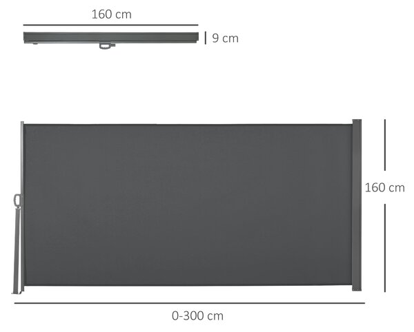 Outsunny Skládací boční markýza 300x160 cm Rolovací zástěna Voděodolná a proti UV záření, chrání soukromí pro zahradu, balkon, terasu, šedá | Aosom