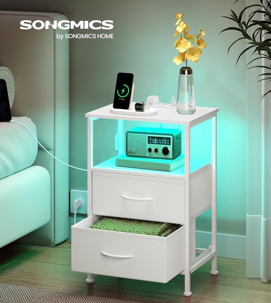 SONGMICS Noční stolek Belah s LED osvětlením a nabíjecí stanicí bílý