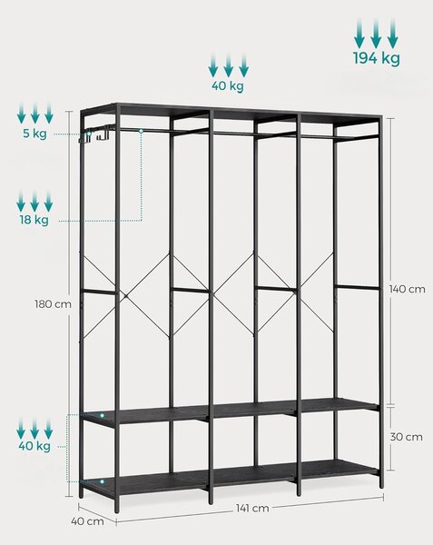 SONGMICS Otevřená šatní skříň Wigo 141 cm černá