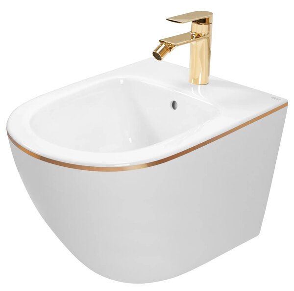 Závěsná WC mísa REA CARLO Mini Rimless - bílo-zlatý