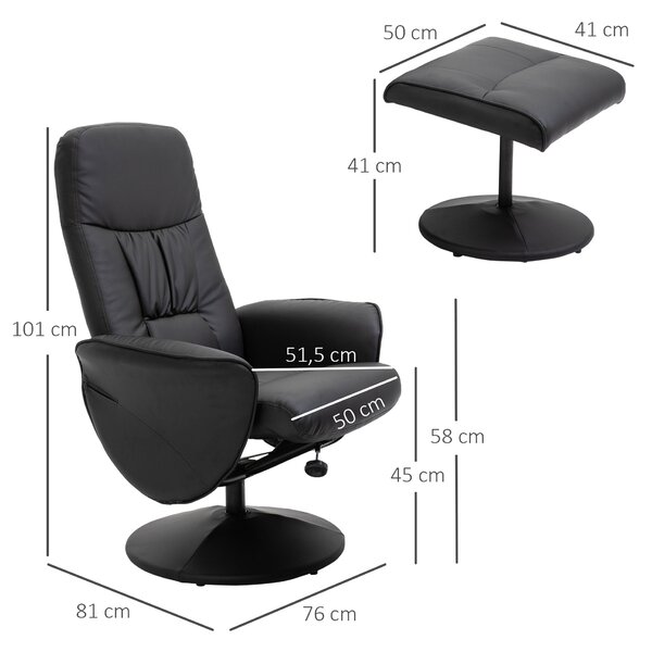 Křeslo HOMCOM do obývacího pokoje s podnožkou, čalouněné PU, sklopné až do 145° a otáčivé o 360° s nastavitelným opěradlem pro obývací pokoj, ložnici