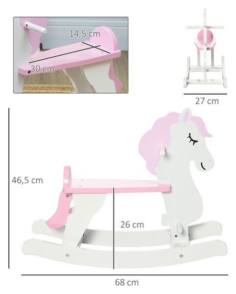 HOMCOM Houpací Kůň pro Děti 1-3 Roční Dřevěný Kůň s Řídítky a Pedály Nosnost 50 kg 68x27x46,5 cm Bílá a Růžová | Aosom