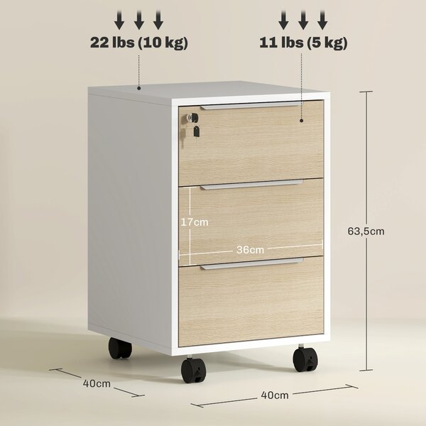 HOMCOM Psací Stůl s 3 Zásuvkami a Kolečky, Uzamykatelný Mobilní Kancelářský Kontejner pro Studijní Místnost 40x40x63,5 cm Bílá a Dub | Aosom