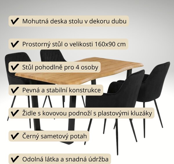 Vikio Jídelní set pro 4 osoby 160x90 cm dub noha U černá židle s područkami VJS166-4C