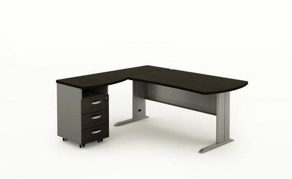 Rohový kancelářský psací stůl BERN s kontejnerem, kovová podnož, 2200 x 1600 mm, levý, wenge