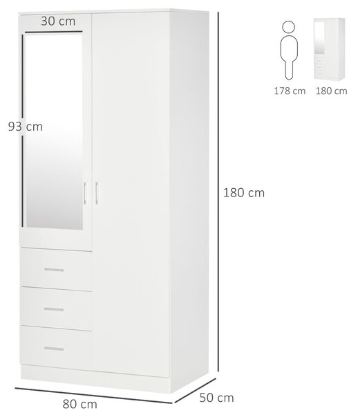 HOMCOM Šatní Skříň s 2 Dveřmi, Zrcadlem, 3 Zásuvkami, Nastavitelnými Policemi a Hřebíkem na Oblečení, Nábytek do Ložnice 80x50x180 cm Bílý | Aosom
