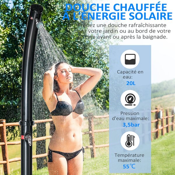Outsunny Solární sprcha do zahrady, 20 litrů, nastavitelné teploty vody až do 60℃, pro kempování, bazén, pláž, černá | Aosom