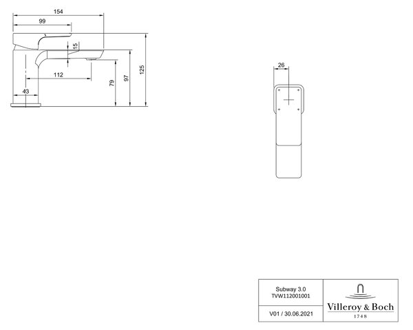 Villeroy & Boch Subway 3.0 umyvadlová baterie stojící chrom TVW11200100161