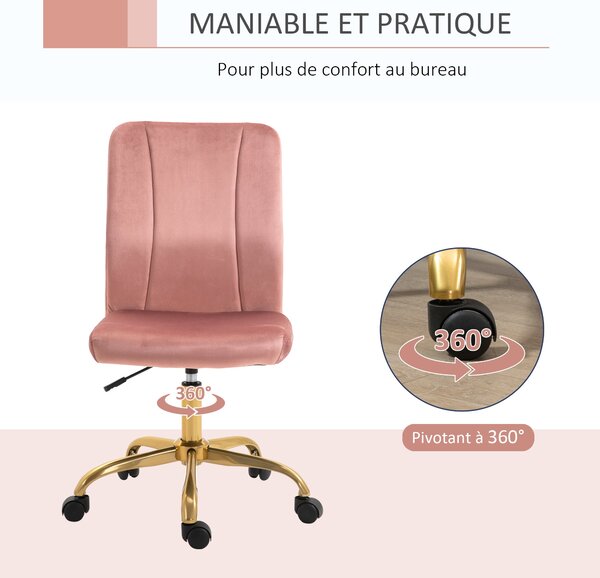 Vinsetto Moderní Kancelářská Židle s 360° Otočením, Ergonomický Zakřivený Opěrák, Nastavitelná Výška, Sametový Potah, 56 x 60 x 102 cm, Růžová a Zlatá