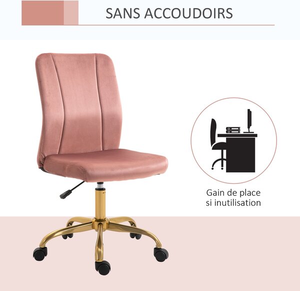 Vinsetto Moderní Kancelářská Židle s 360° Otočením, Ergonomický Zakřivený Opěrák, Nastavitelná Výška, Sametový Potah, 56 x 60 x 102 cm, Růžová a Zlatá