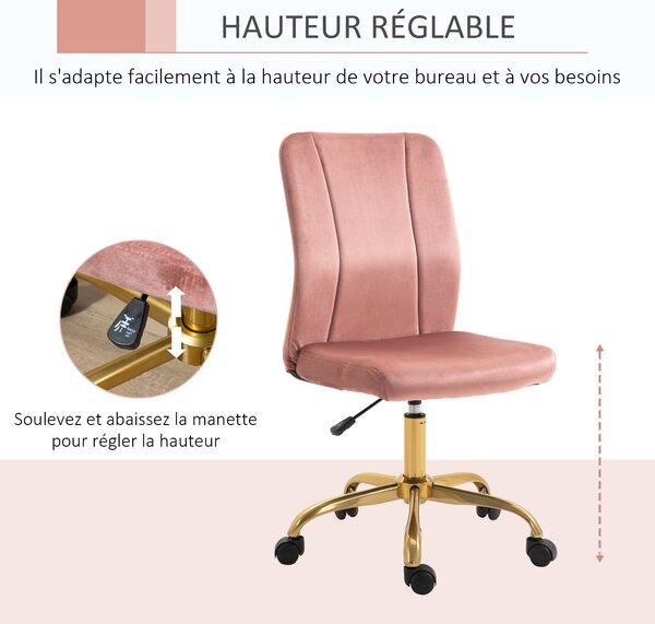 Vinsetto Moderní Kancelářská Židle s 360° Otočením, Ergonomický Zakřivený Opěrák, Nastavitelná Výška, Sametový Potah, 56 x 60 x 102 cm, Růžová a Zlatá