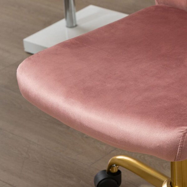 Vinsetto Moderní Kancelářská Židle s 360° Otočením, Ergonomický Zakřivený Opěrák, Nastavitelná Výška, Sametový Potah, 56 x 60 x 102 cm, Růžová a Zlatá