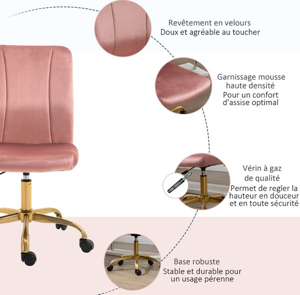 Vinsetto Moderní Kancelářská Židle s 360° Otočením, Ergonomický Zakřivený Opěrák, Nastavitelná Výška, Sametový Potah, 56 x 60 x 102 cm, Růžová a Zlatá