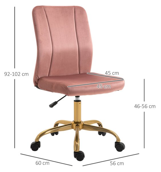 Vinsetto Moderní Kancelářská Židle s 360° Otočením, Ergonomický Zakřivený Opěrák, Nastavitelná Výška, Sametový Potah, 56 x 60 x 102 cm, Růžová a Zlatá