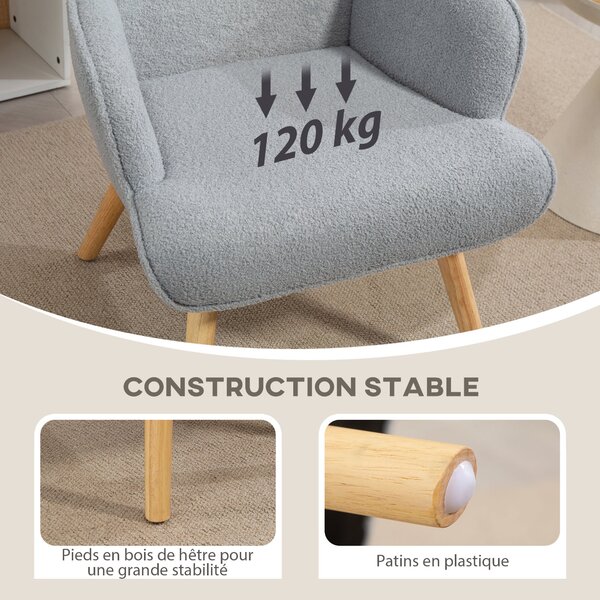 HOMCOM Křeslo s Boucle Potahem, Moderní Čalouněné Křeslo se Dřevěnými Nohy, Ergonomické Opěradlo a Područky, pro Jídelnu, Obývací Pokoj, Ložnici, Kanc